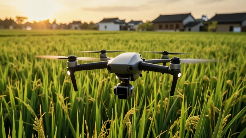 Explora las civilizaciones agrícolas de China: un legado milenario 3 Drone monitoriza arrozales chinos al atardecer