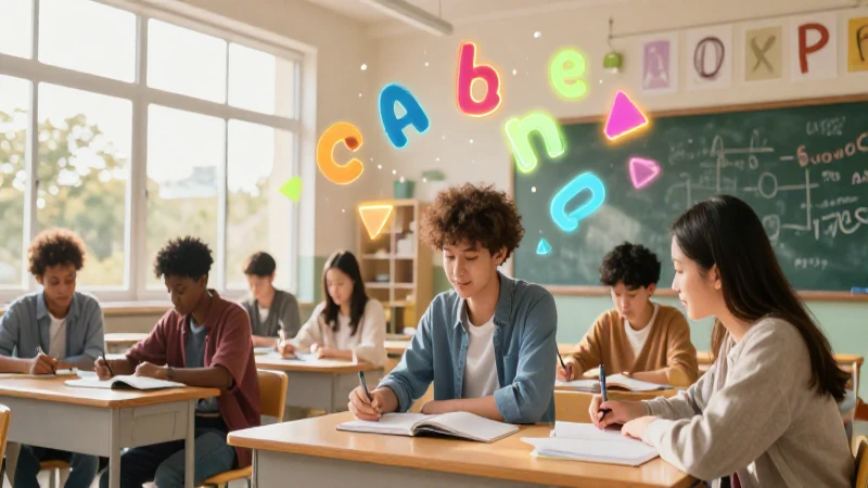 Clases de adjetivos: 100 Ejemplos para Aprender Fácil 9 Estudiante aprende con formas vibrantes y luz