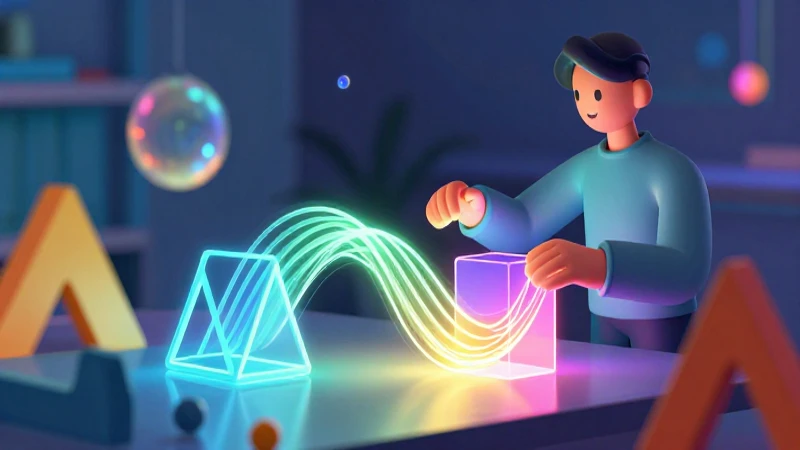 Figura estilizada organiza datos geométricos vibrantes