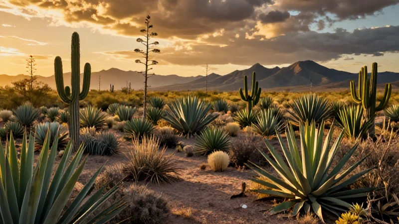 Agave y flora árida en México bajo luz dorada