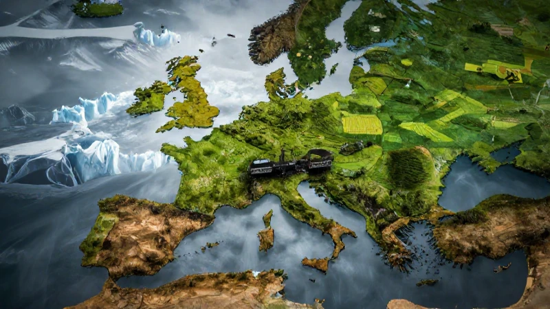 Europa: glaciar derretido y campos vibrantes en contraste
