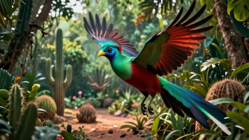 Explora los climas de México y su influencia en la flora y fauna 3 Quetzal vibrante en vuelo, naturaleza dramática