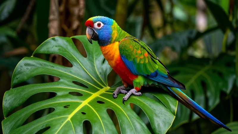 Clima Tropical: Características y Ambientes en el Tropico 7 Parrot vibrante en hoja de monstera con luz dramática