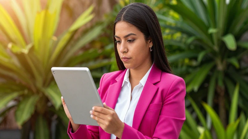 Maestra mexicana moderna con tableta en un ambiente luminoso