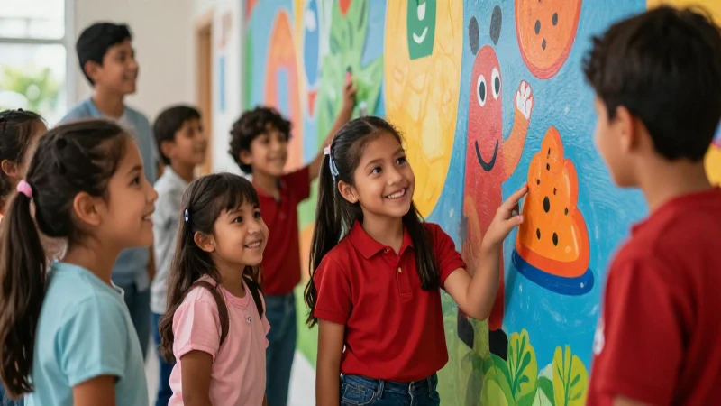 Estudiantes mexicanos sonreír frente a un mural colorido