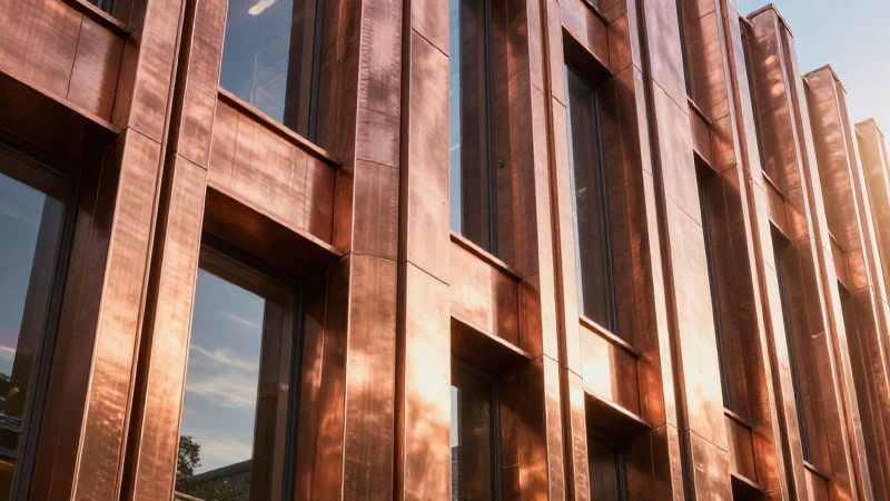 Fachada de cobre moderna con iluminación dramática
