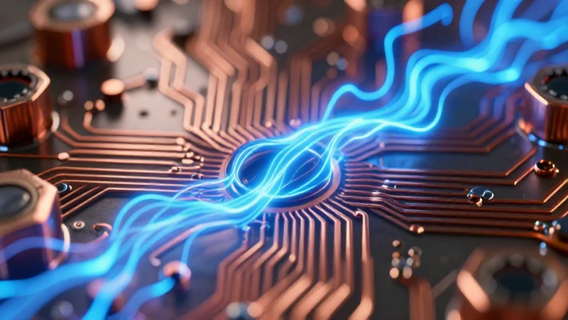 Circuito de cobre hiperrealista con energía azul vibrante