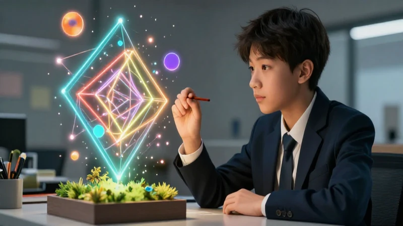Cociente de potencias: cómo simplificar exponentes de igual base 4 Joven estudiante observa estructuras matemáticas geométricas brillantes
