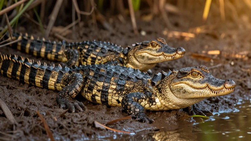Crocodylos bebé en el río al atardecer
