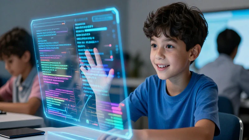 Joven aprende código holográfico futurista