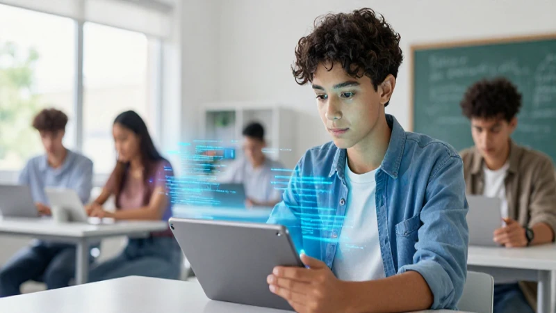 Joven interactúa con código futurista en aula brillante