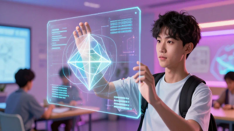 Estudiante joven interactúa con código brillante en aula moderna