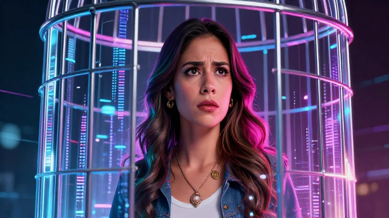 Mujer mexicana preocupada frente a una jaula digital