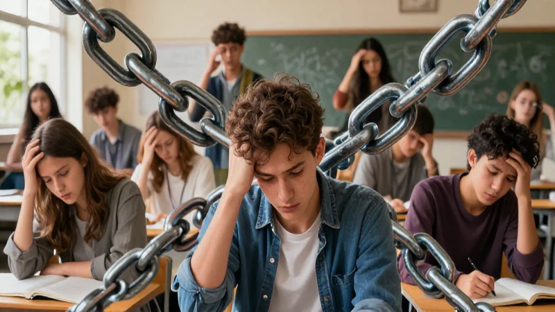 Estudiantes bajo una pesada cadena metálica