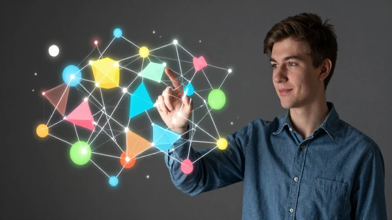 Joven académico interactúa con nodos geométricos