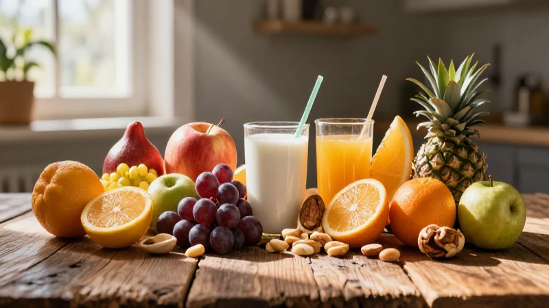 Snacks y frutas coloridas sobre madera con luz natural