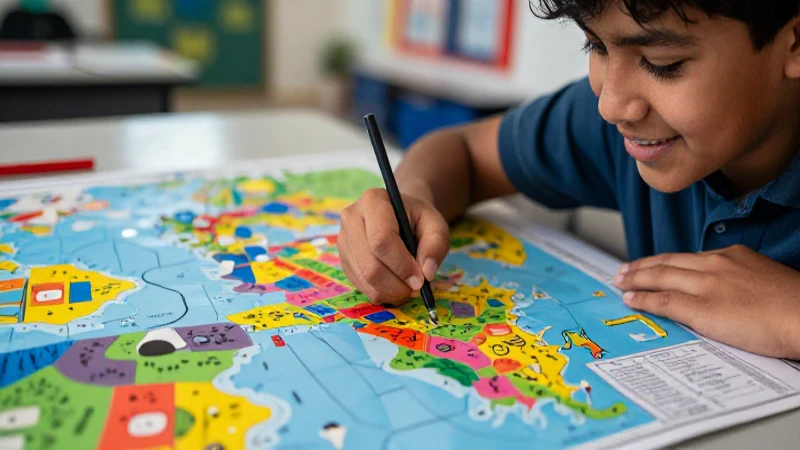 Estudiante alegre diseña mapa geográfico colorido