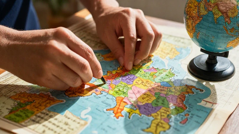 Manos creativas arman collage de mapas vibrantes