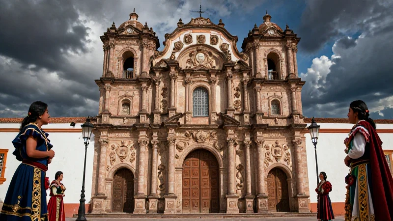 Catedral barroca colonial, luz dramática y realismo