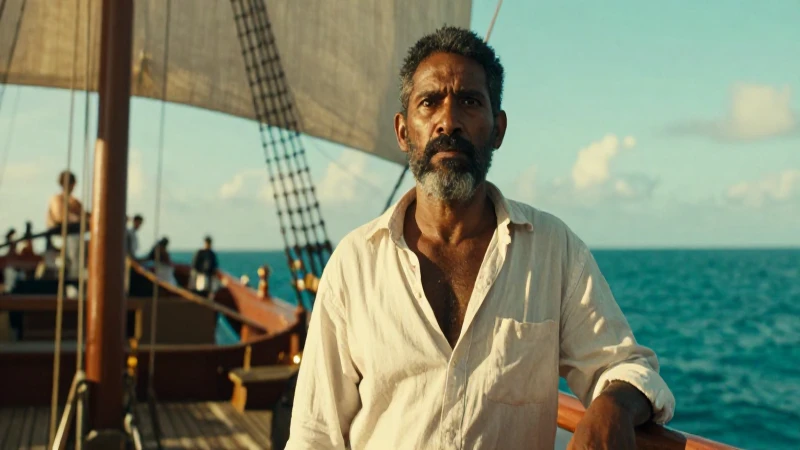 Trabajador colonial dramático en un mar turquesa dorado
