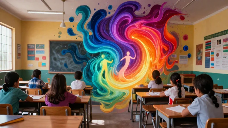 Siluetas abstractas vibrantes en un aula mexicana