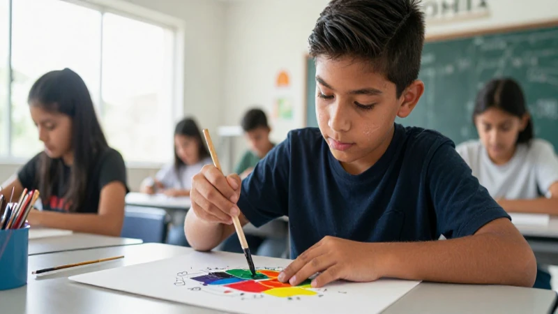 Joven pinta patrones geométricos en aula