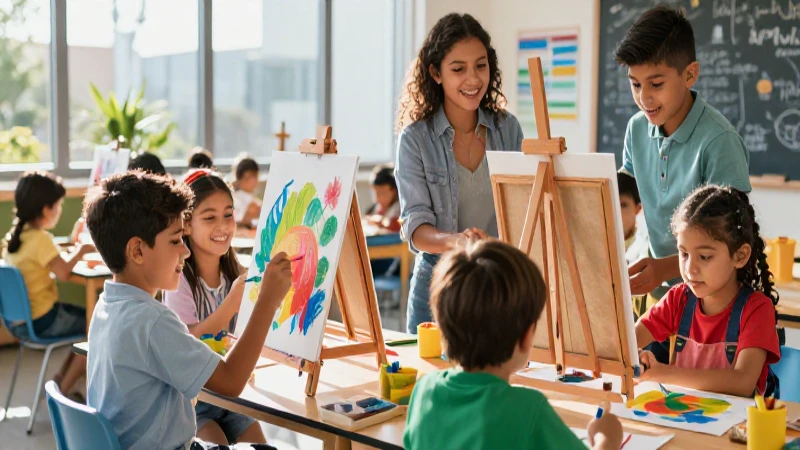 Niños mexicanos creando arte vibrante en un salón moderno