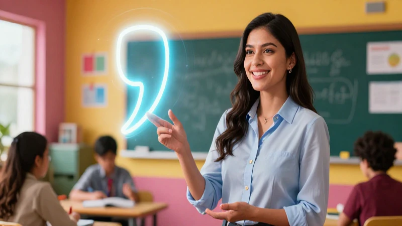 Maestra sonriente señala coma brillante en aula moderna