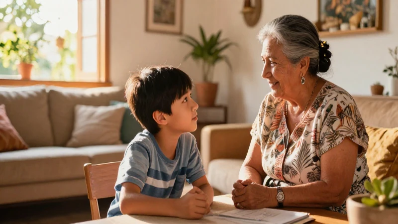Ilustración de abuela y estudiante en México
