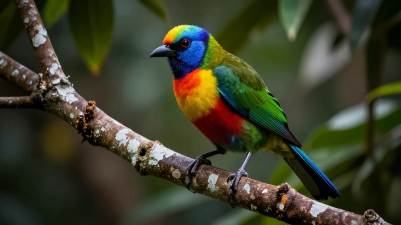 Pájaro tropical vibrante en rama, luz dramática