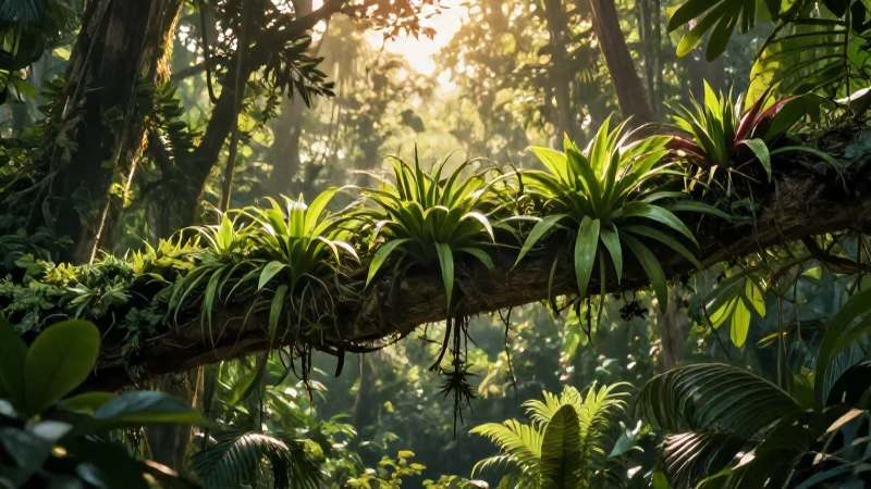 Epífita vibrante con luz dorada en selva tropical