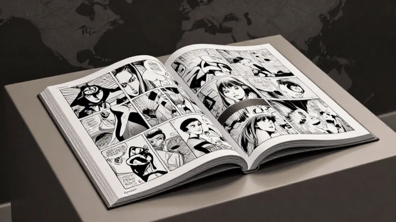Comic vibrante sobre atril educativo, arte global