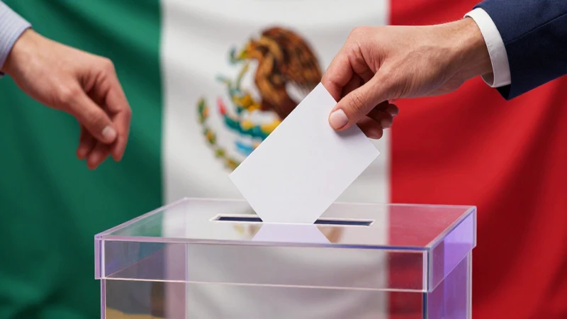 Manos depositan voto en urna vibrante y estilizada