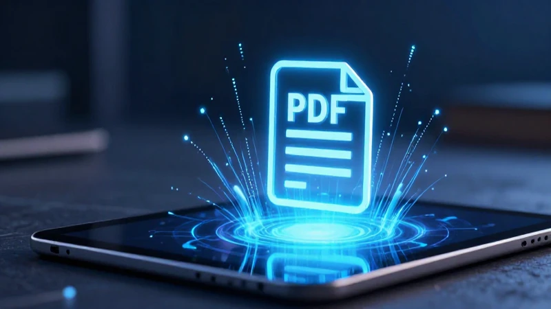 Icono PDF brillante sobre tablet con datos azules