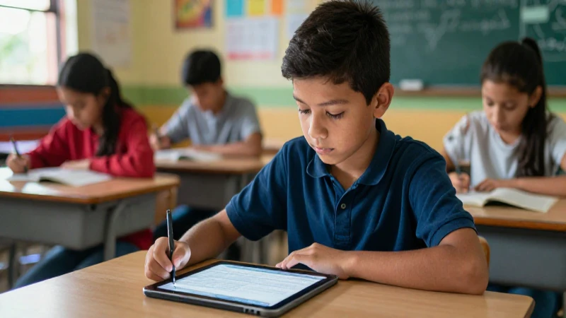 Estudiante mexicano enfocado con tablet iluminada
