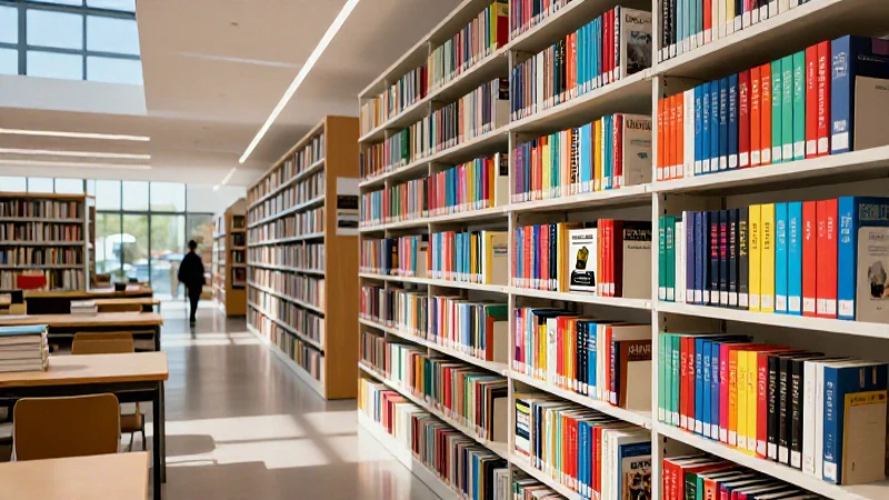 Biblioteca moderna con libros académicos coloridos