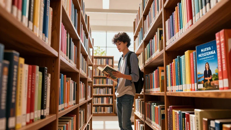 Estudiante en biblioteca mexicana moderna