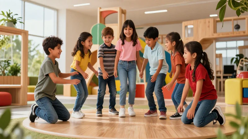 Niños mexicanos jugando feliz en un área de madera moderna
