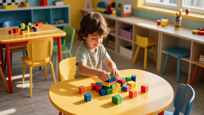 Niño mexicano sonriendo jugando con bloques coloridos