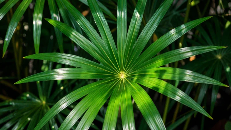 Follaje tropical verde brillante bajo luz cinematográfica