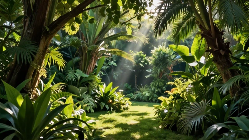 Diseño estético de jardín tropical exuberante y vibrante