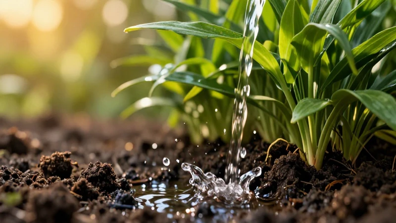 Planta verde vibrante, agua y suelo en dorado