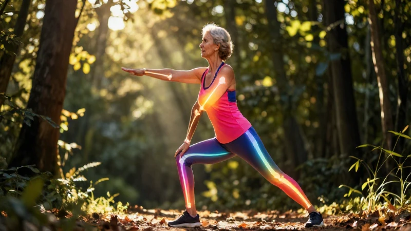 Mujer mayor estira al aire libre con estilo