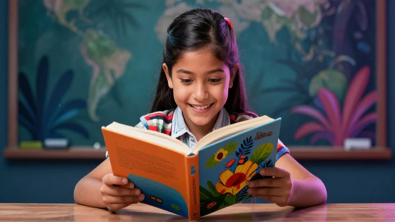 Niño feliz lee un libro colorido con luz dramática