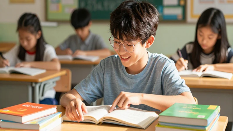 Estudiante sonriente interactúa con libros coloridos