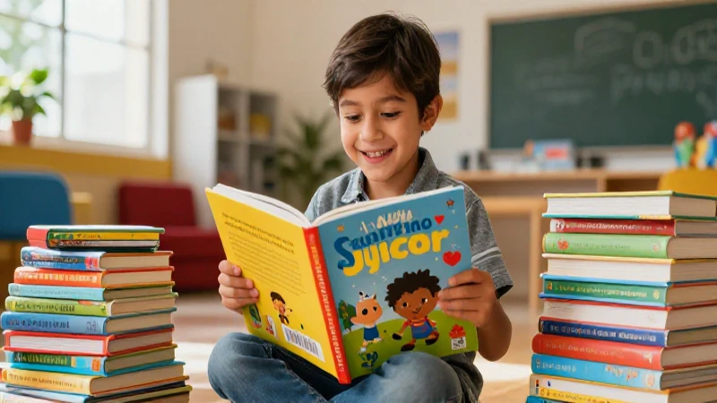 Niño feliz con libros en ambiente educativo