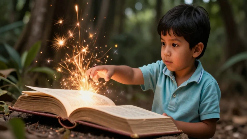 Niño mexicano curioso busca libro mágico antiguo