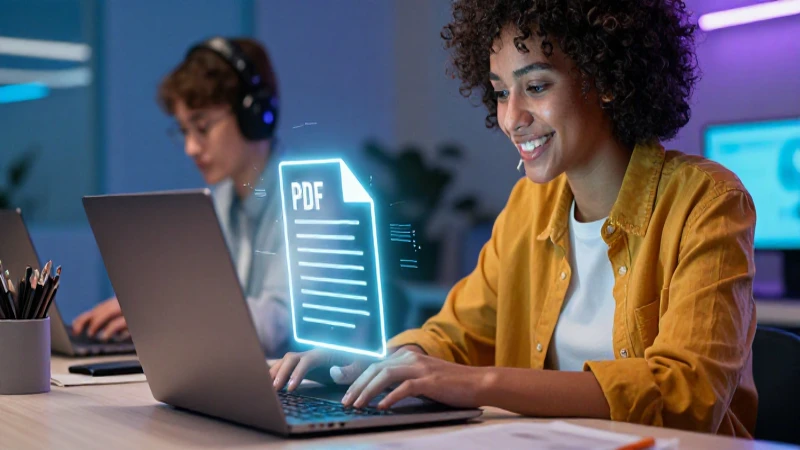 Estudiante moderno lee guías PDF digitales en una laptop