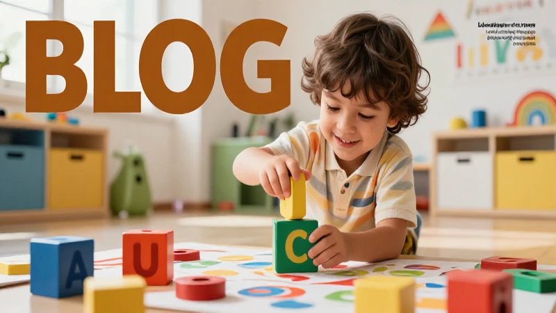 Niño sonriente y bloques educativos en aula moderna