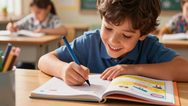 Niño feliz aprendiendo a escribir con recursos educativos